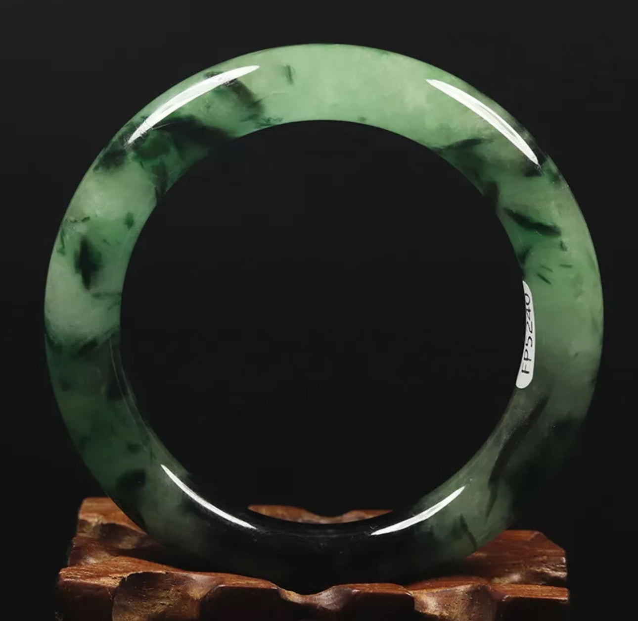 VINTAGE Medium Jadeite Green / Black Jade Bangle Size 57mm Round Princess Cut O533 - JazzyJewelbyAmina 
