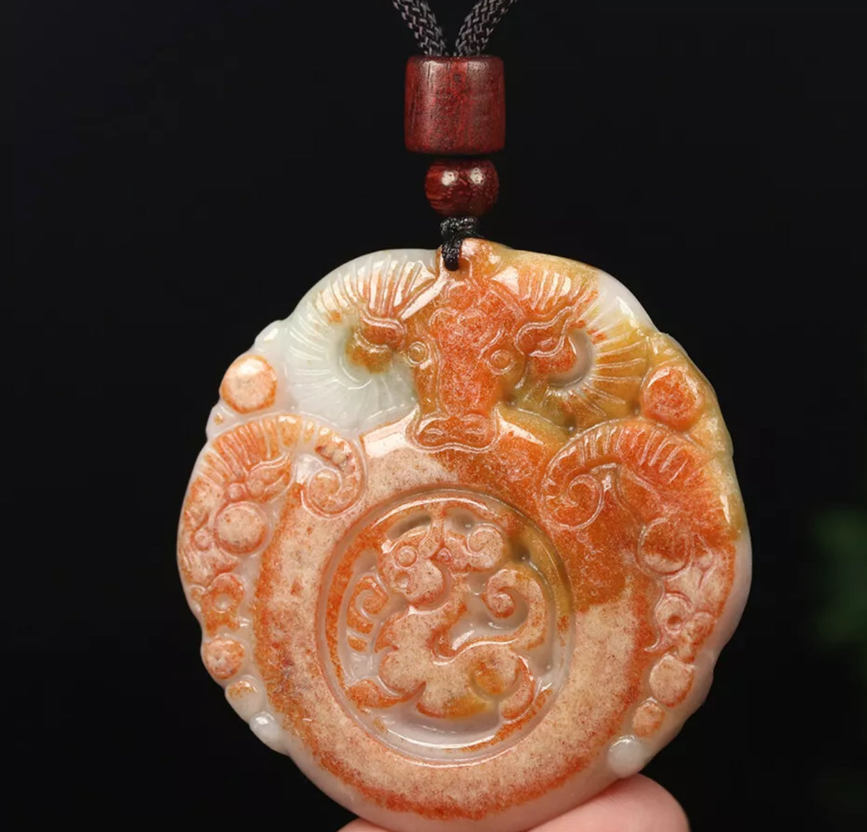 VINTAGE Red Brown Jadeite Green Jade Pendant Hand-carved Ox Dragon - Fine Unique Jade D883 - JazzyJewelbyAmina 