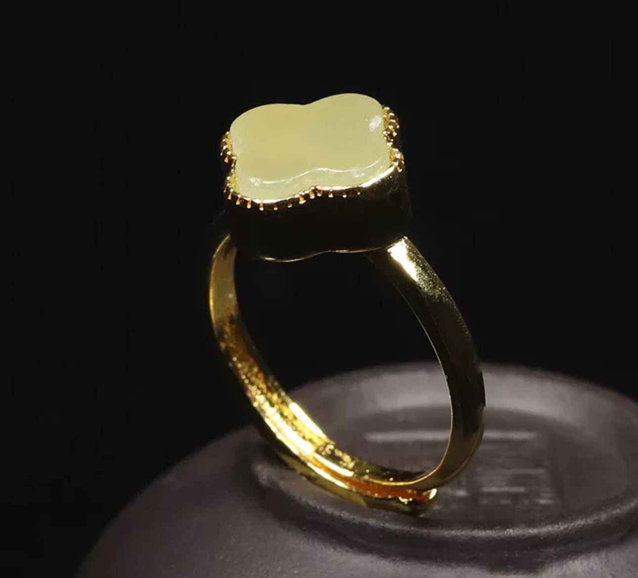 Certified Green Nephrite Jade Clover Ring Adjustable Good Plated Band - Prosperity Piece! - JazzyJewelbyAmina 