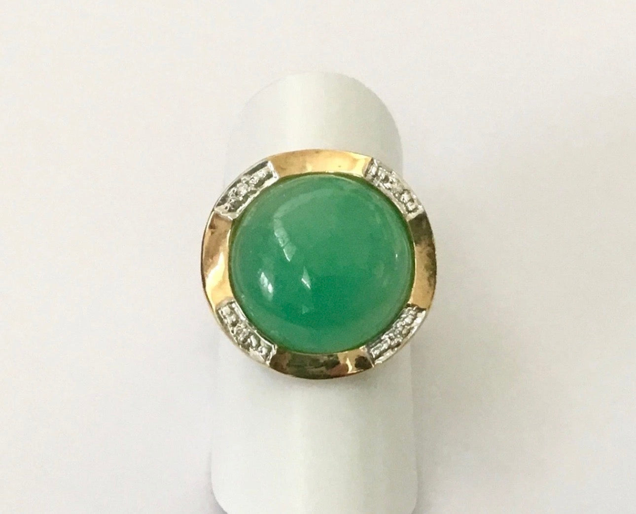 VINTAGE Owned Green Jade Ring w/ Diamonds 14K Solid Gold - stamped