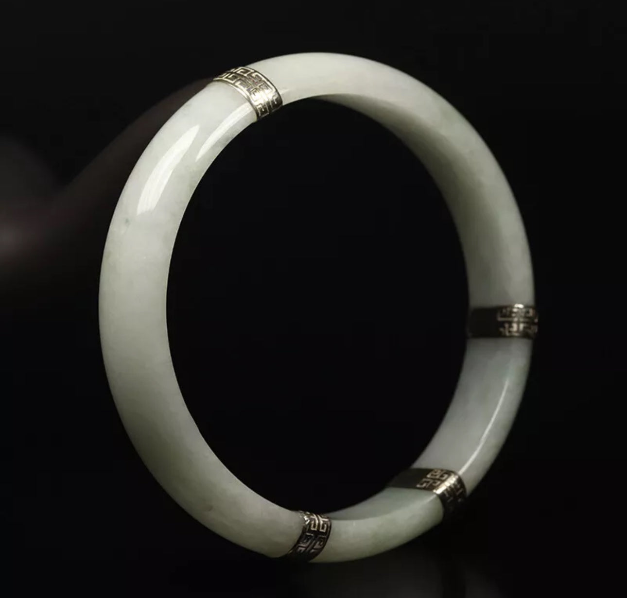 VINTAGE XL Jadeite Certified Jade Bangle Sterling Silver Clips Size 64mm Unique Jade Piece! L456 - JazzyJewelbyAmina 