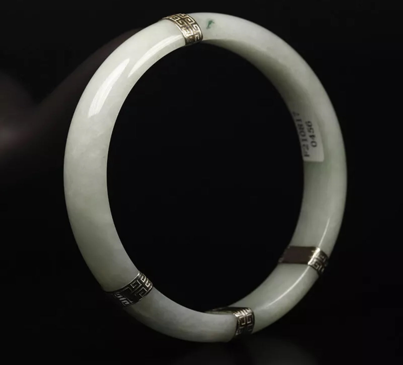 VINTAGE XL Jadeite Certified Jade Bangle Sterling Silver Clips Size 64mm Unique Jade Piece! L456 - JazzyJewelbyAmina 