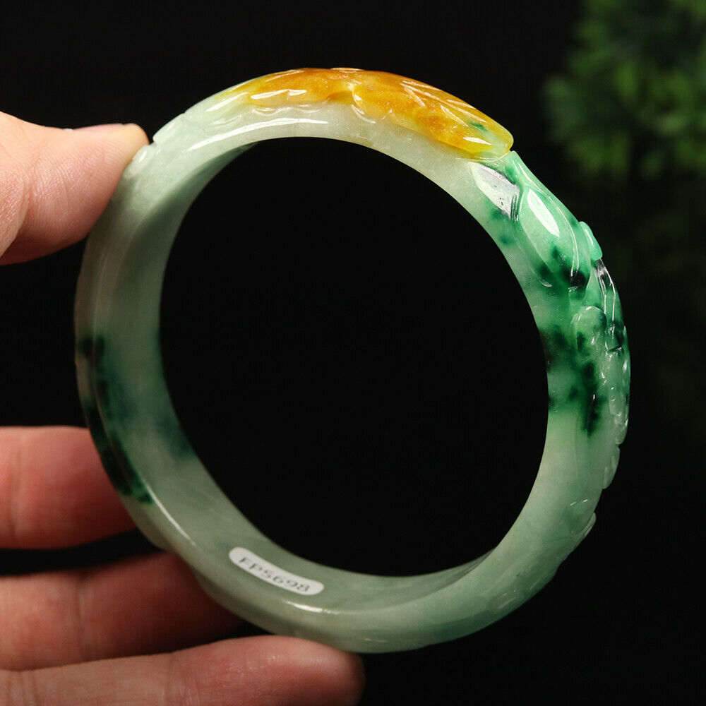 VINTAGE XXL Jadeite Green/Yelloe/White Handcarved Bangle Dragon Lotus Ruyi A449 - JazzyJewelbyAmina 