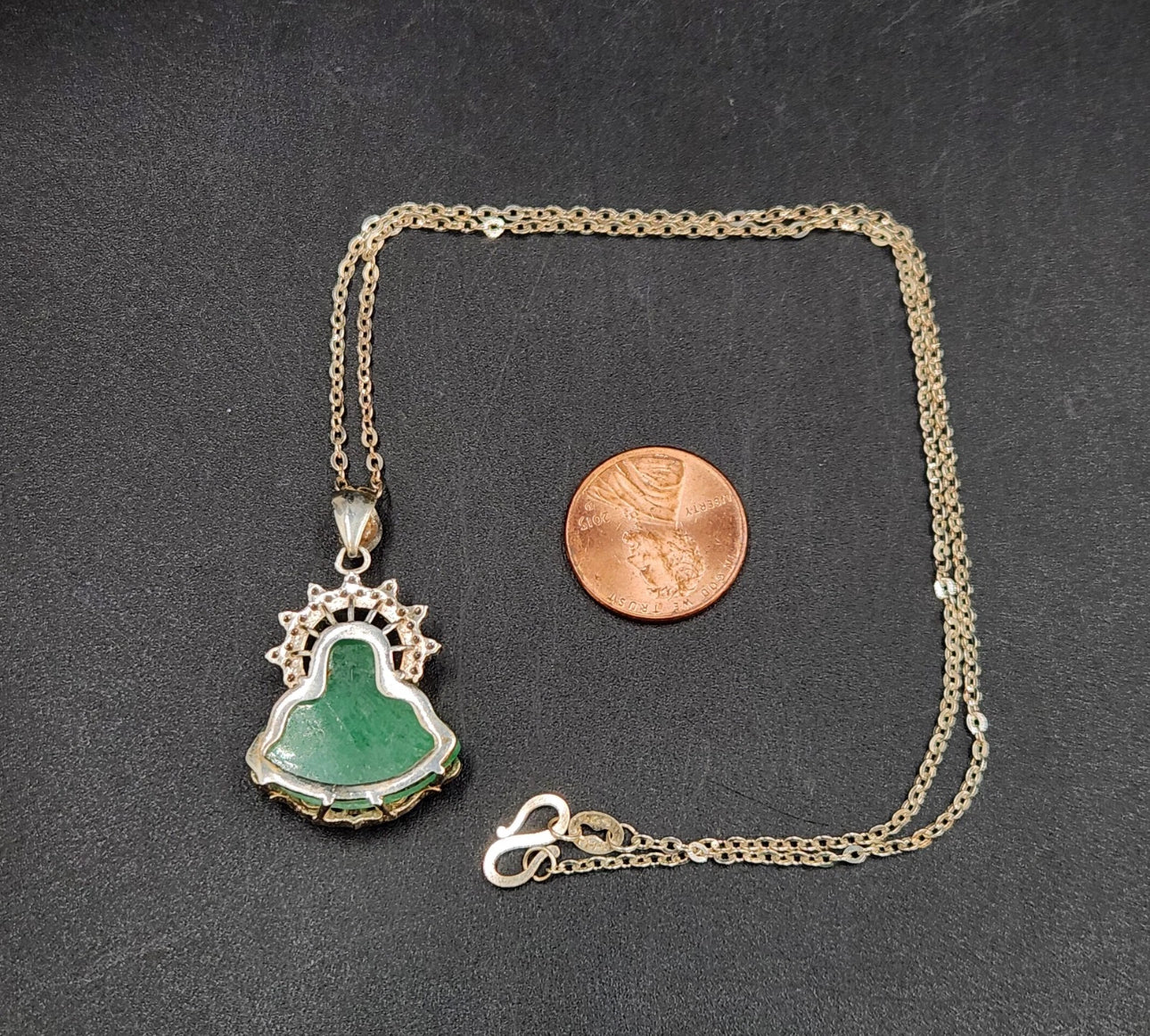 VINTAGE Jade Green Buddha w/ Crystals 925 Sterling Silver Bail (comes w/ cable chain) - JazzyJewelbyAmina 