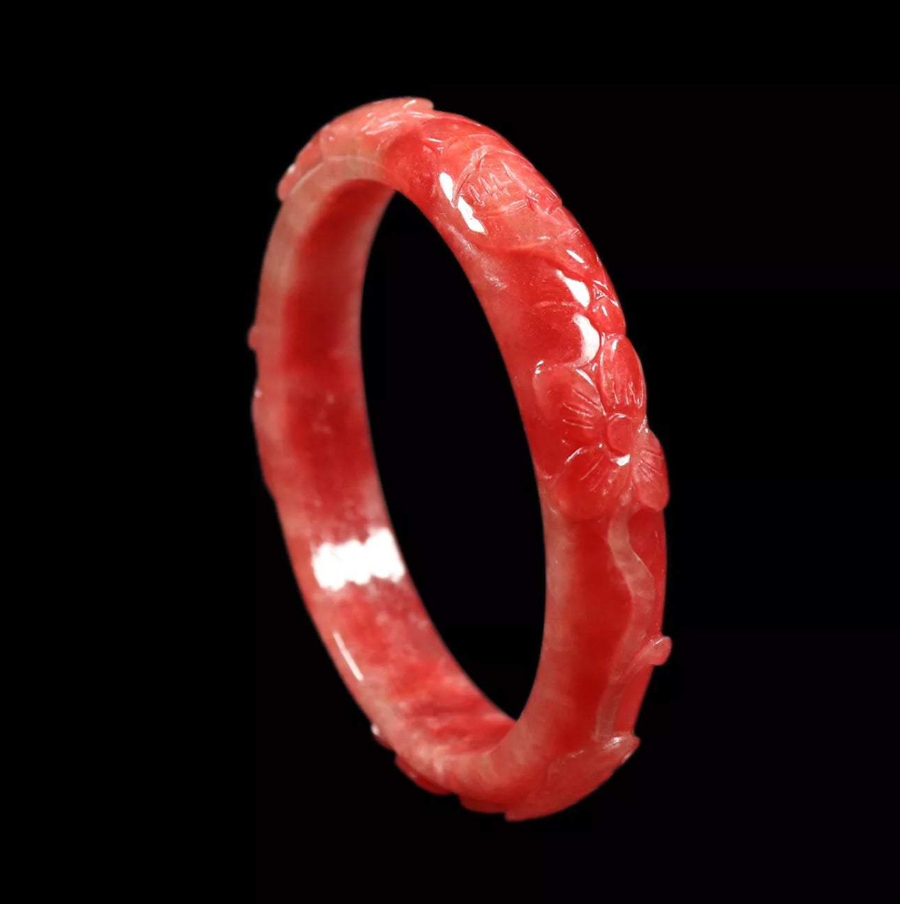 VINTAGE XL Jadeite Red Jade Bangle Handcarved FLOWER Size 65mm S631 - JazzyJewelbyAmina 