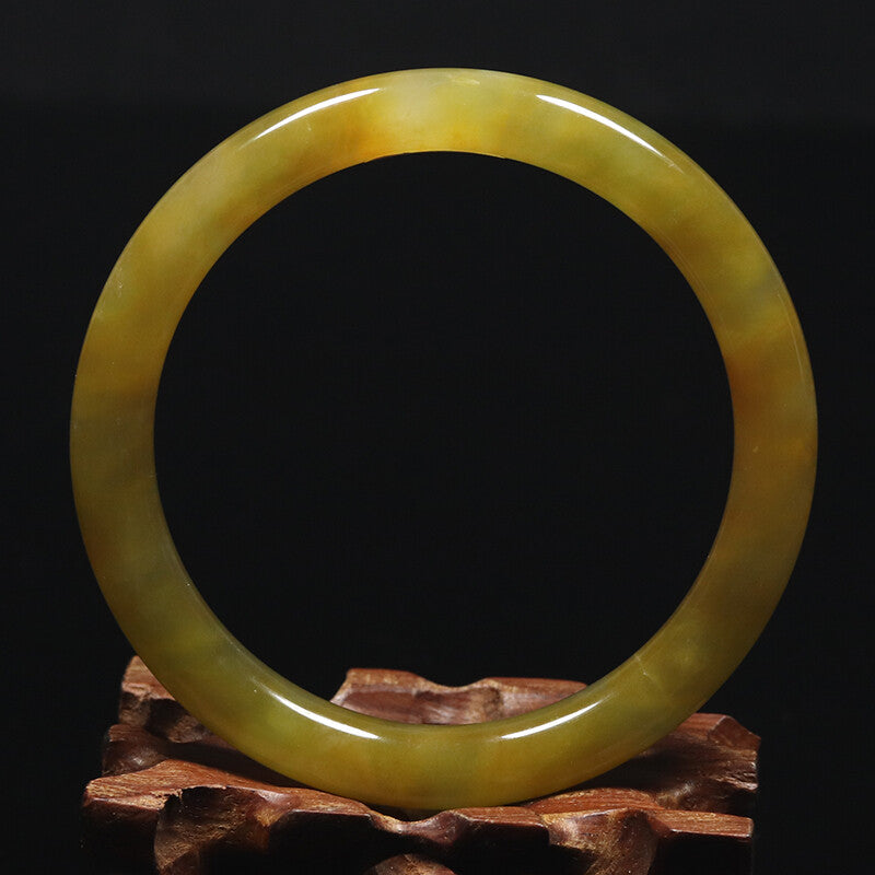 VINTAGE Large Jadeite Brown/Yellow Jade Bangle Round Princess Cut Size 62 mm J777