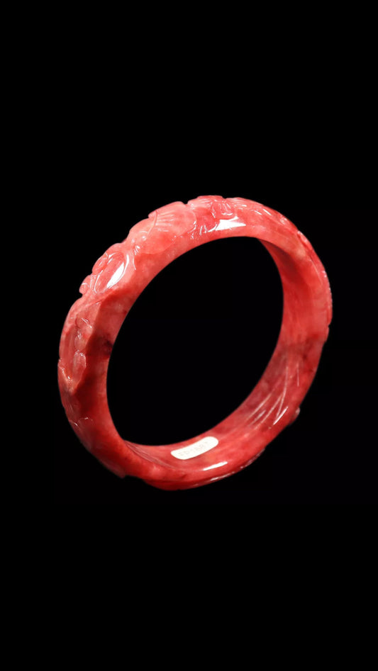VINTAGE XL Jadeite Red Jade Bangle Size 65mm Hand Carved Ruyi Fish Lotus Flower D827 - JazzyJewelbyAmina 