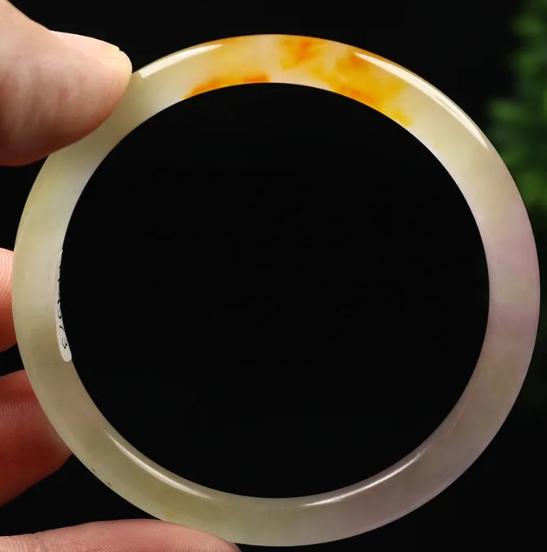 VINTAGE Small Jadeite Green/Rust/Lavender Round Princess Thin Cut Jade Bangle Size 56mm M999 - JazzyJewelbyAmina 