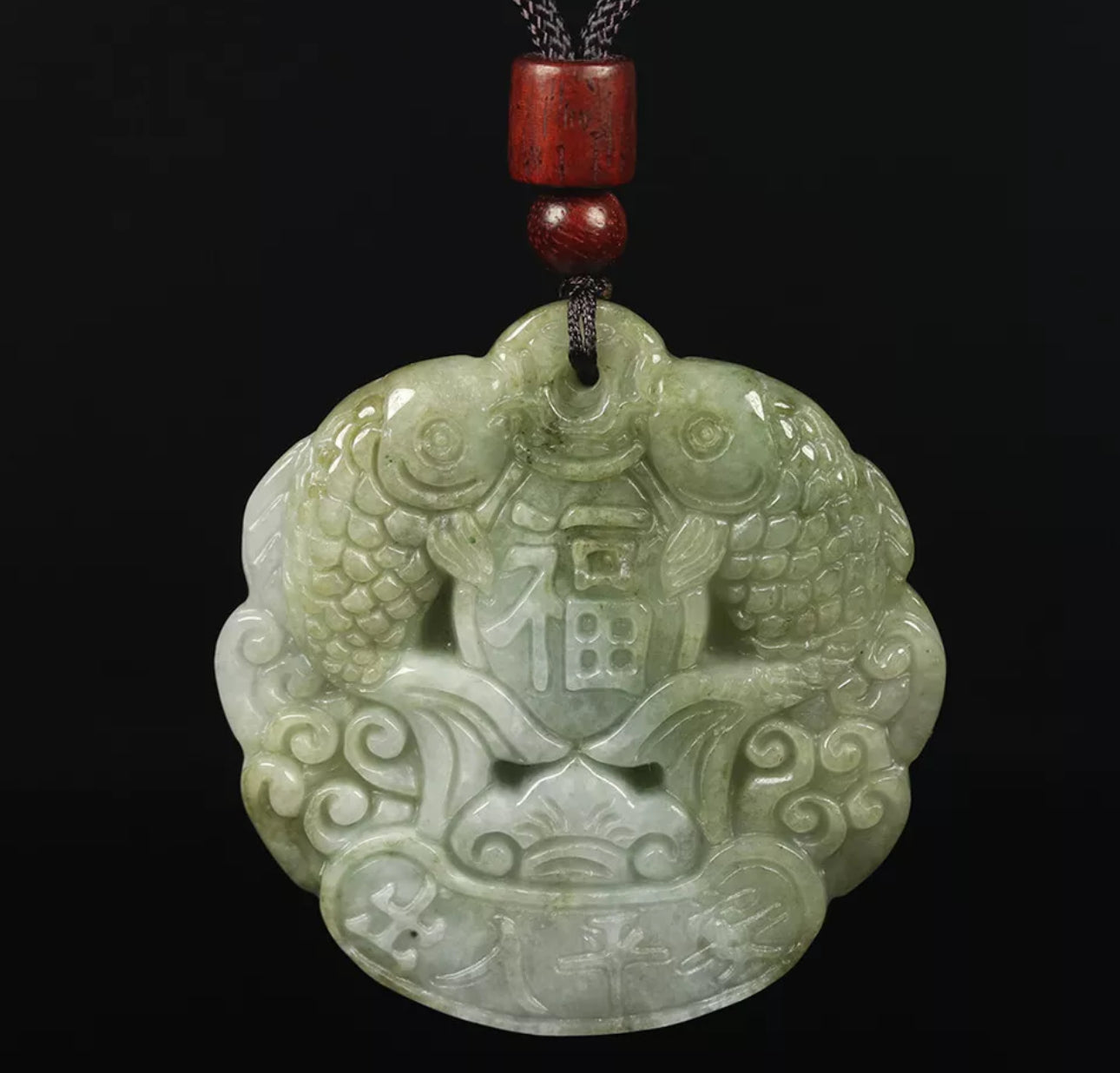 VINTAGE ICY Green Jade Double Fish Pendant Certified Feng Shui Healing Pendant