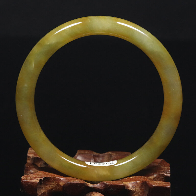 VINTAGE Large Jadeite Brown/Yellow Jade Bangle Round Princess Cut Size 62 mm J777