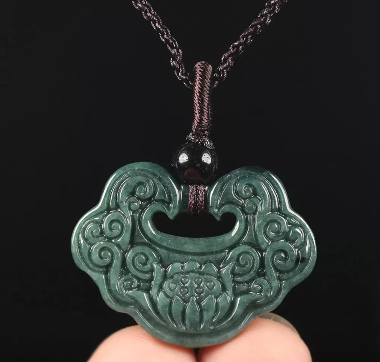 VINTAGE Jadeite Green Jade Pendant Hand Carved Lotus Flower w/ Threaded Chord M244 - JazzyJewelbyAmina 