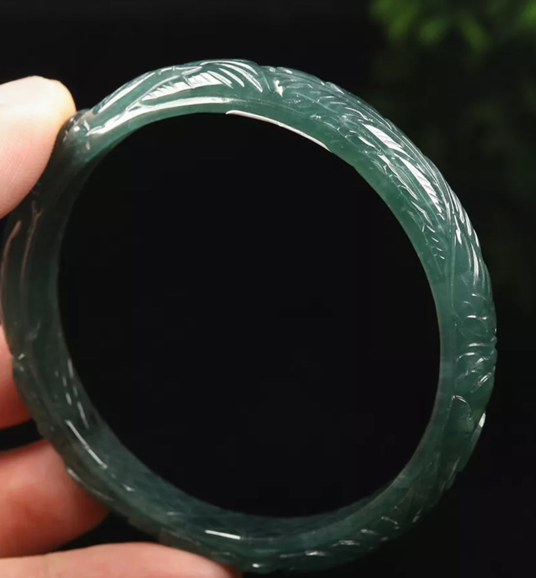 VINTAGE Large Certified Jadeite Green Jade Bangle Size 60mm HandCarved Dragone Phoenix Jade - Brings Harmony G819 - JazzyJewelbyAmina 