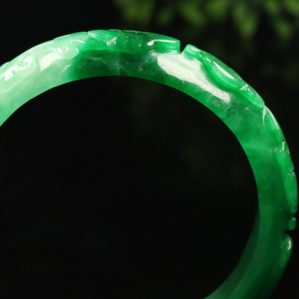 VINTAGE XL Jadeite Green/White Handcarved Bat Ruyi Lotus Jade Bangle - Ombré Jade Shades “As You Wish” Size 64mm F425