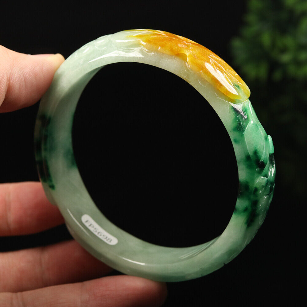 VINTAGE XXL Jadeite Green/Yelloe/White Handcarved Bangle Dragon Lotus Ruyi A449 - JazzyJewelbyAmina 