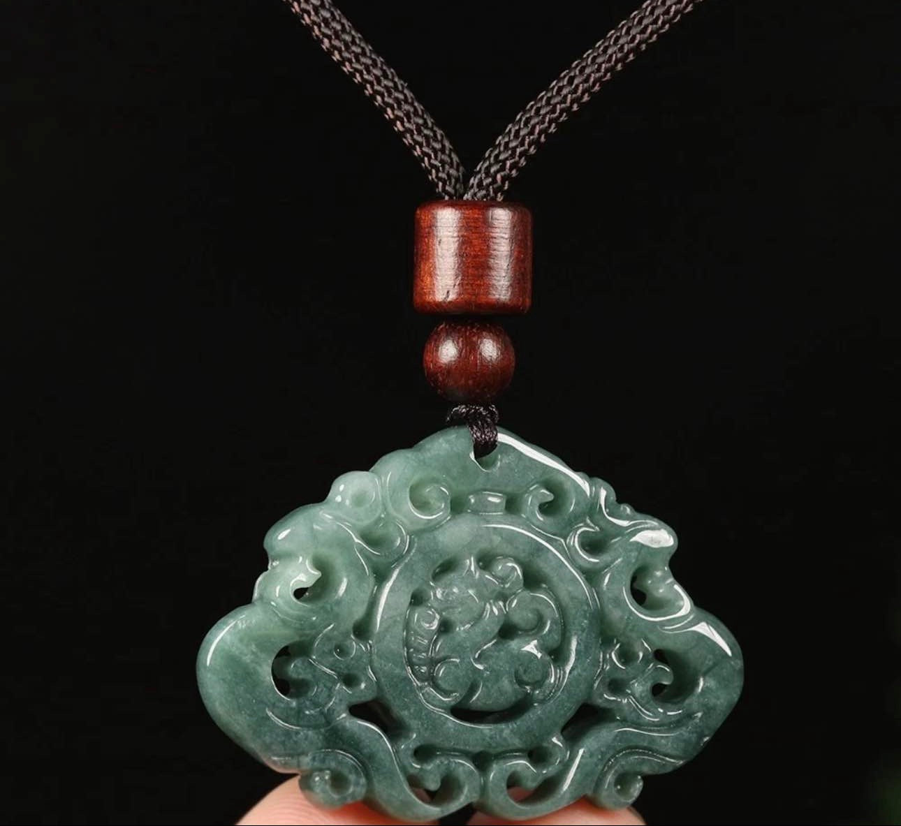 VINTAGE Certified Grade A Green 100% Natural Jadeite Jade Pendant Dragon Phoenix F915 - JazzyJewelbyAmina 
