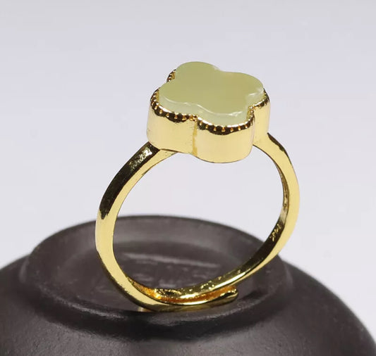 Certified Green Nephrite Jade Clover Ring Adjustable Good Plated Band - Prosperity Piece! - JazzyJewelbyAmina 
