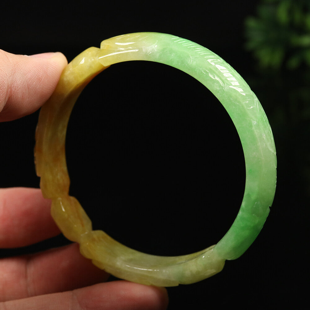 VINTAGE Large Jadeite Brown/Emerald Green Handcarved Dragon Phoenix Size 60mm J955