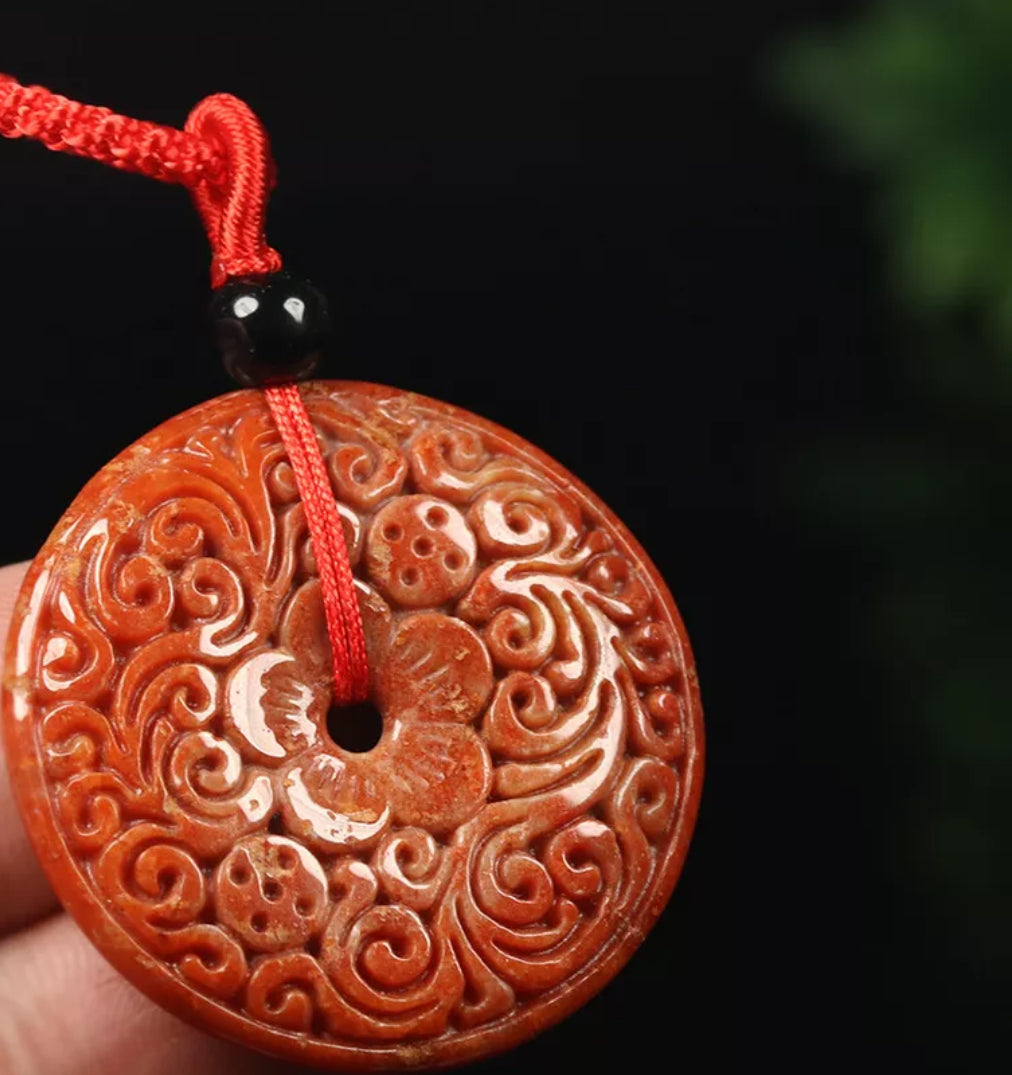 VINTAGE Jadeite Red/Brown Certified Jade Round Ruyi Flower Pendant w/ Adjustable Chord “As You Wish” J107 - JazzyJewelbyAmina 