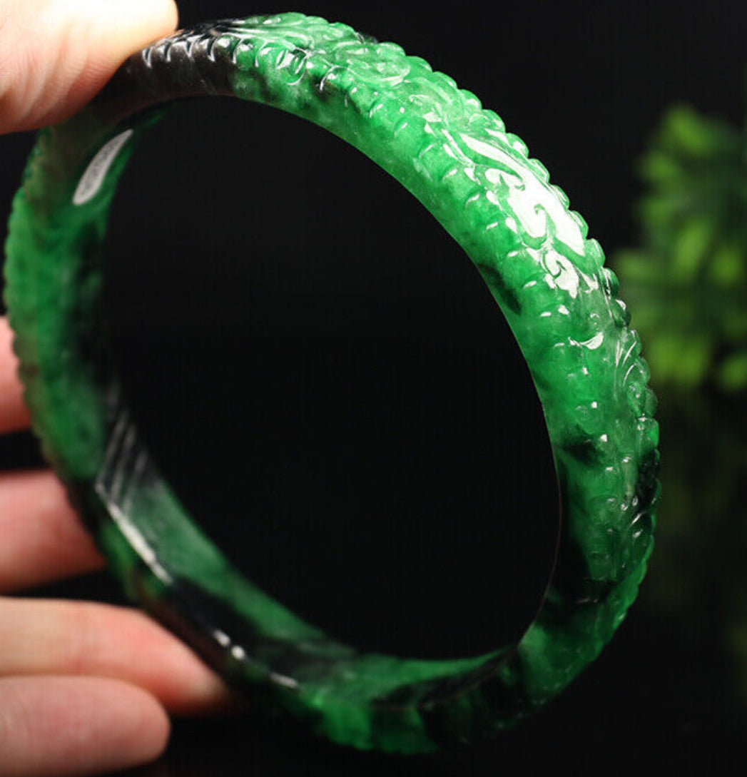 VINTAGE XXL Jadeite Green/Black Jade Bangle Size Hand-Carved Dragon Phoenix 82mm D465 Fine Jade Unique Piece! - JazzyJewelbyAmina 