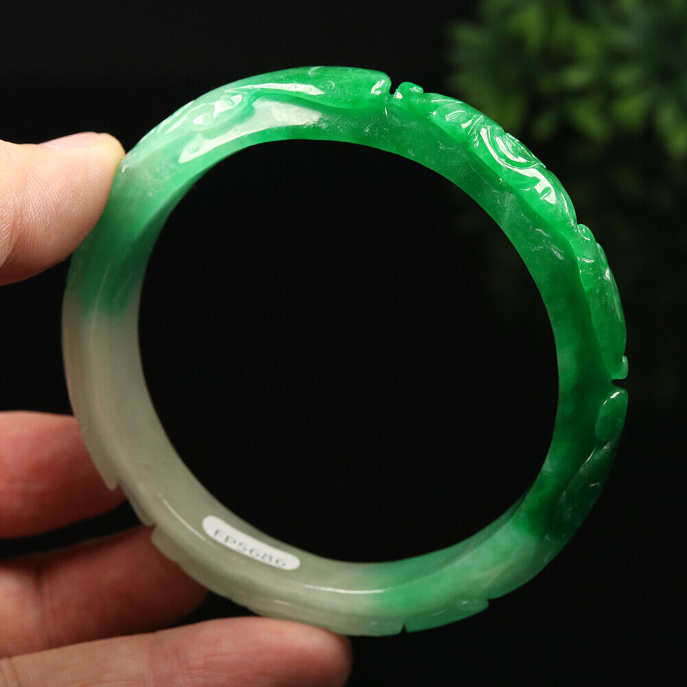 VINTAGE XL Jadeite Green/White Handcarved Bat Ruyi Lotus Jade Bangle - Ombré Jade Shades “As You Wish” Size 64mm F425