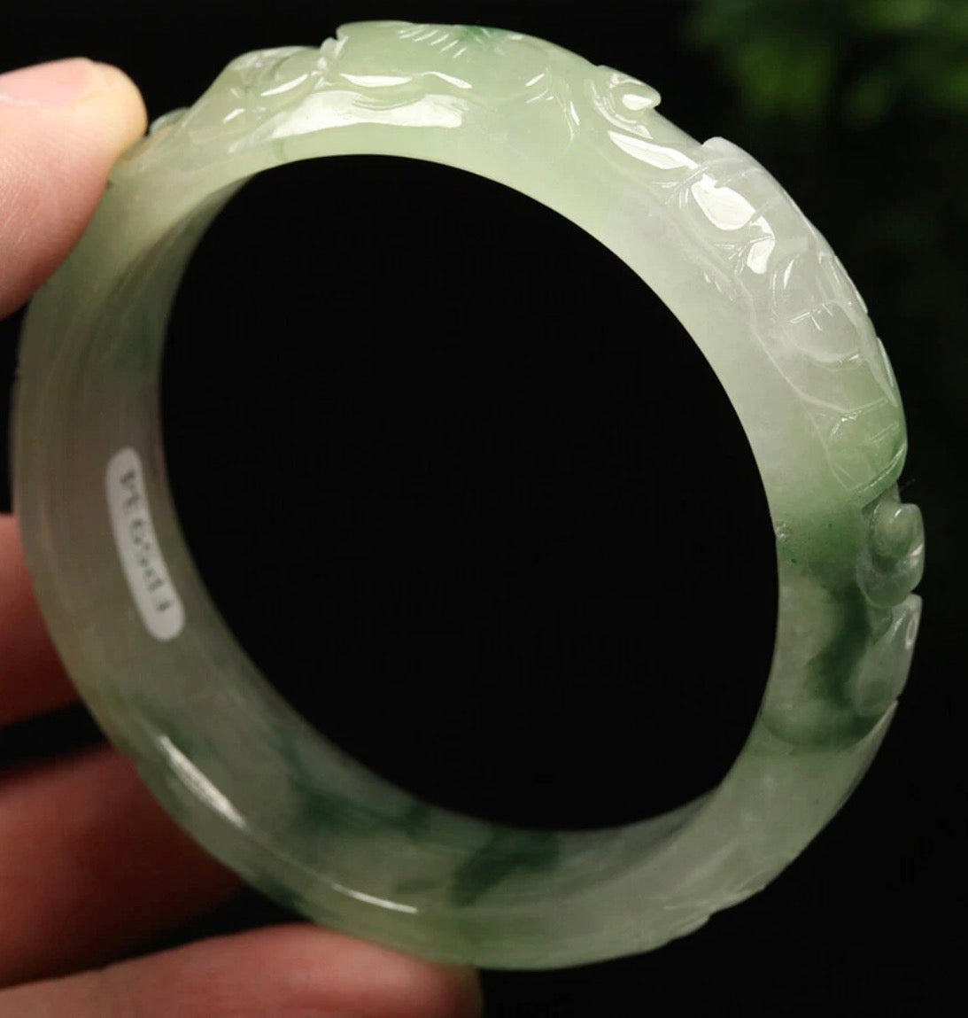 VINTAGE Jadeite Green/White Jade Bangle Hand-carved Flower Bat Butterfly Size 56 MM S921