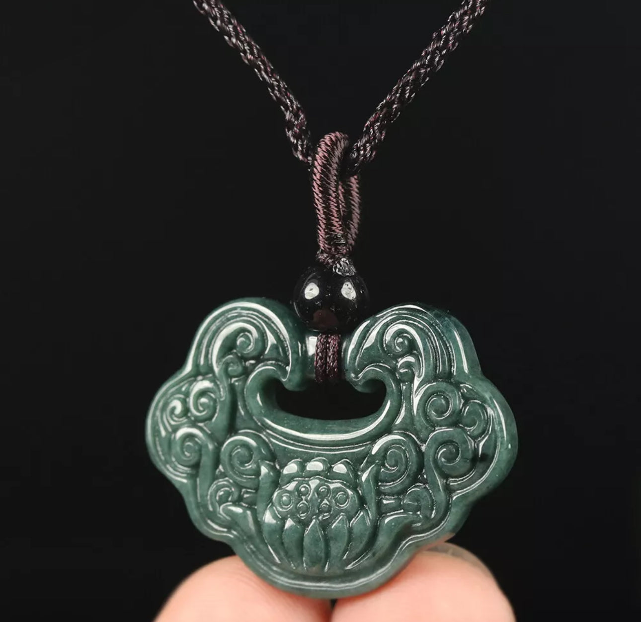 VINTAGE Jadeite Green Jade Pendant Hand Carved Lotus Flower w/ Threaded Chord M244 - JazzyJewelbyAmina 
