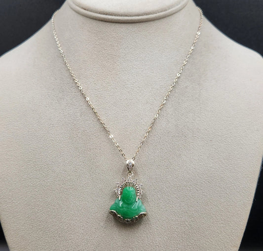 VINTAGE Jade Green Buddha w/ Crystals 925 Sterling Silver Bail (comes w/ cable chain) - JazzyJewelbyAmina 