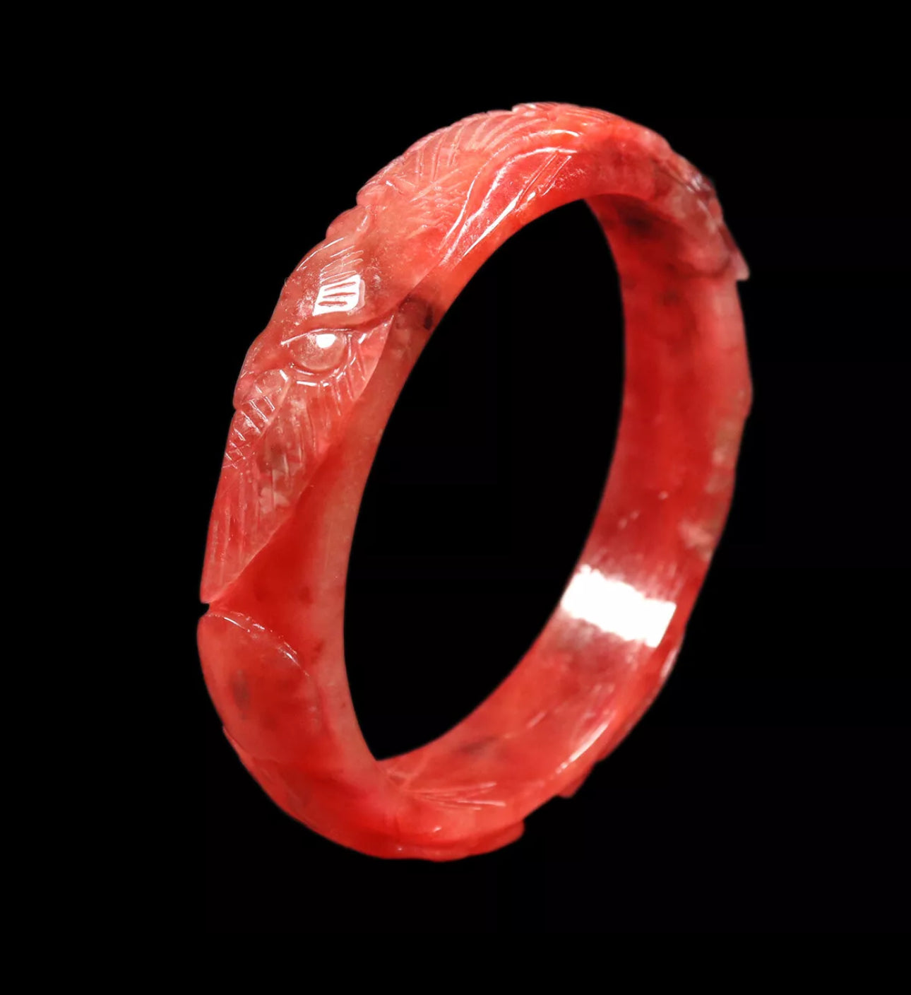 VINTAGE XL Jadeite Red Jade Bangle Handcarved Dragon Phoenix Size 65mm N425 - JazzyJewelbyAmina 
