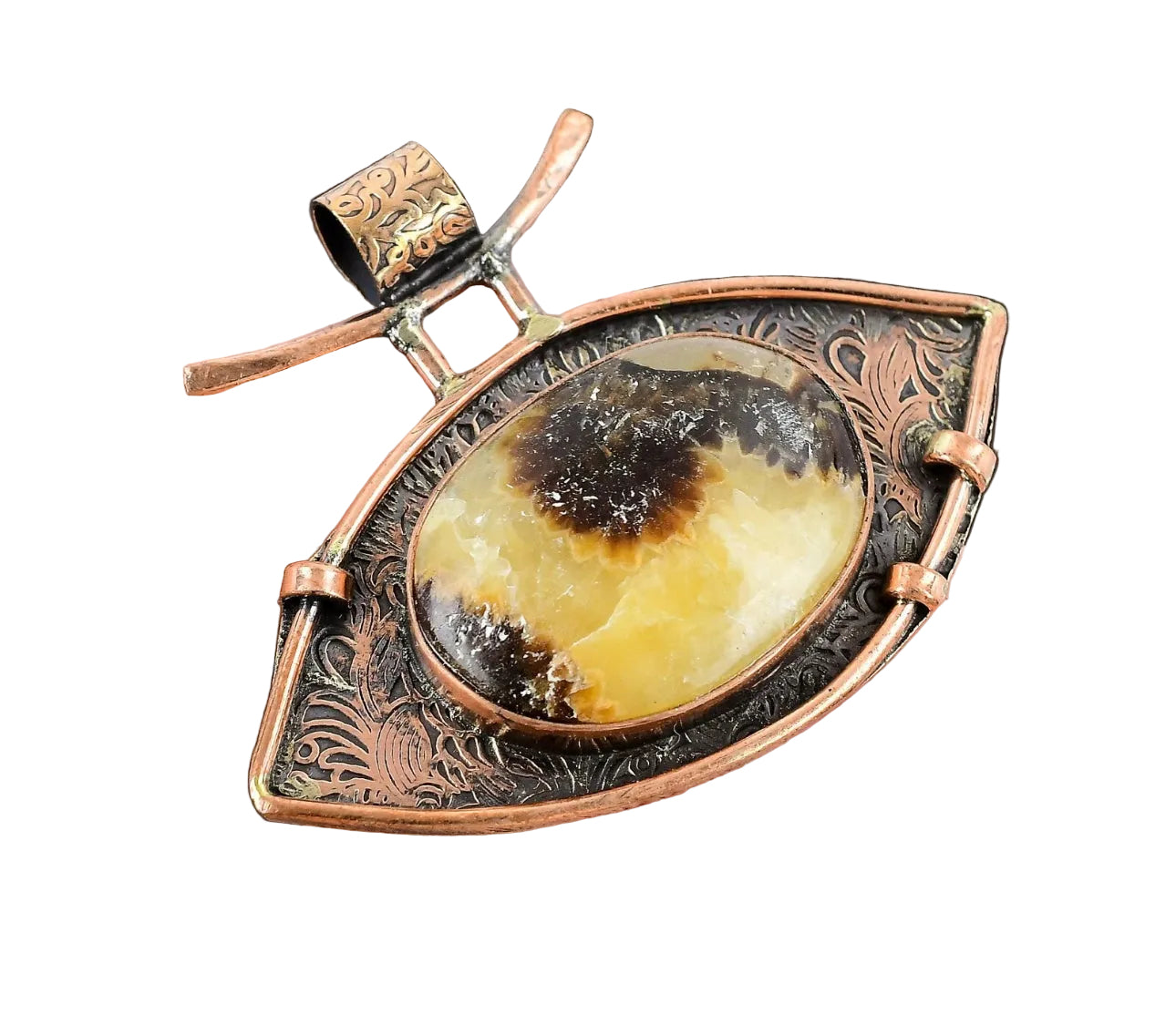 VINTAGE Oval Root Chakra Septarian Gemstone Bezel Artisan Pendant Copper
