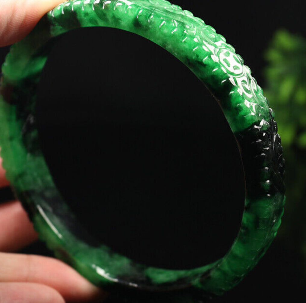 VINTAGE XXL Jadeite Green/Black Jade Bangle Size Hand-Carved Dragon Phoenix 82mm D465 Fine Jade Unique Piece! - JazzyJewelbyAmina 