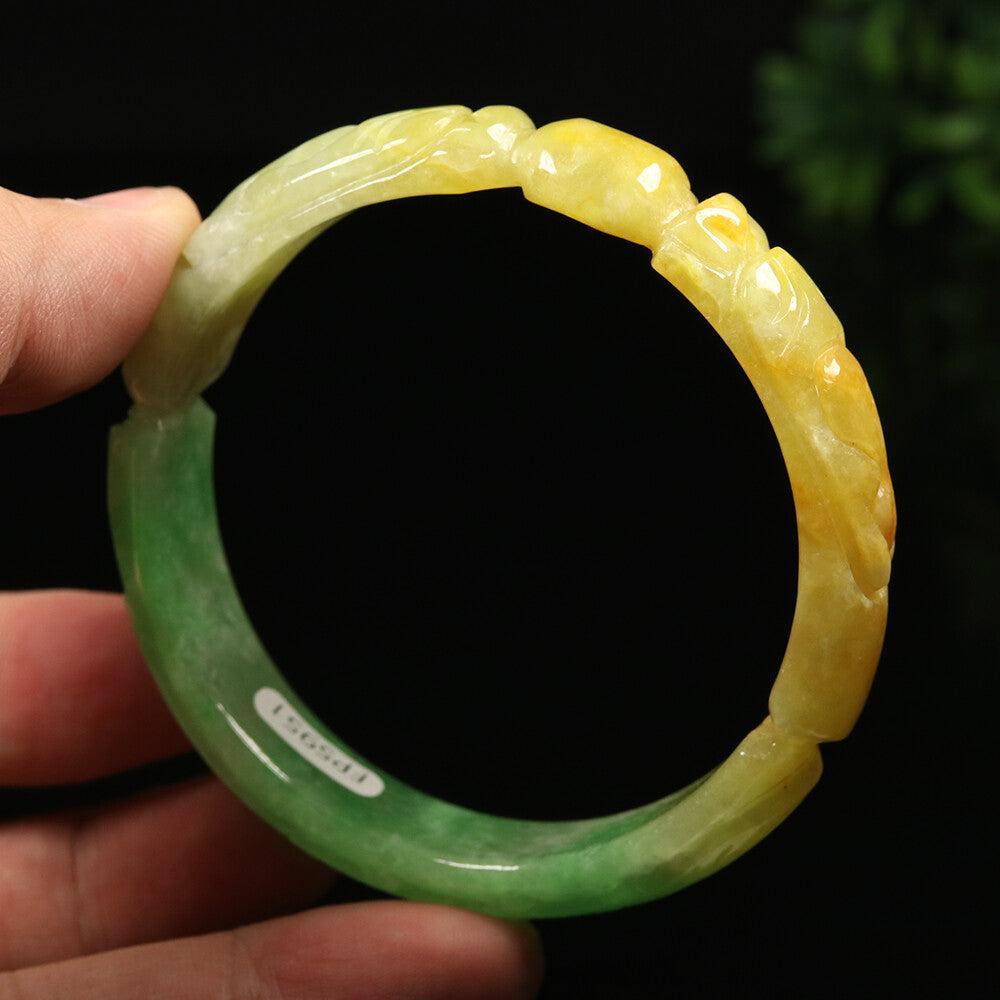 VINTAGE Large Jadeite Brown/Emerald Green Handcarved Dragon Phoenix Size 60mm J955