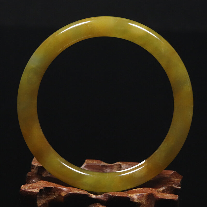 VINTAGE Large Jadeite Brown/Yellow Jade Bangle Round Princess Cut Size 62 mm J777