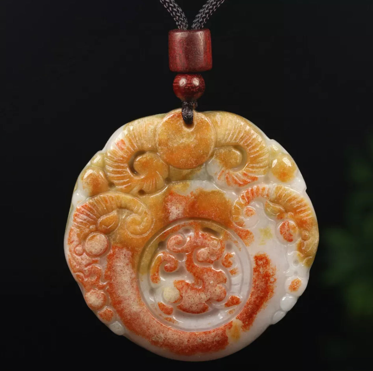 VINTAGE Red Brown Jadeite Green Jade Pendant Hand-carved Ox Dragon - Fine Unique Jade D883 - JazzyJewelbyAmina 