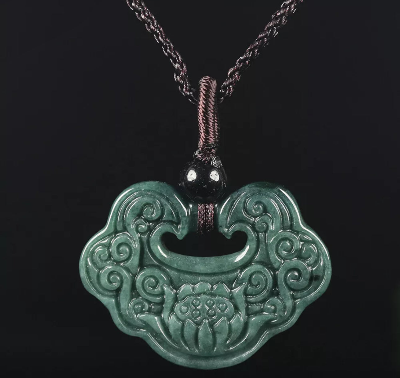 VINTAGE Jadeite Green Jade Pendant Hand Carved Lotus Flower w/ Threaded Chord M244 - JazzyJewelbyAmina 