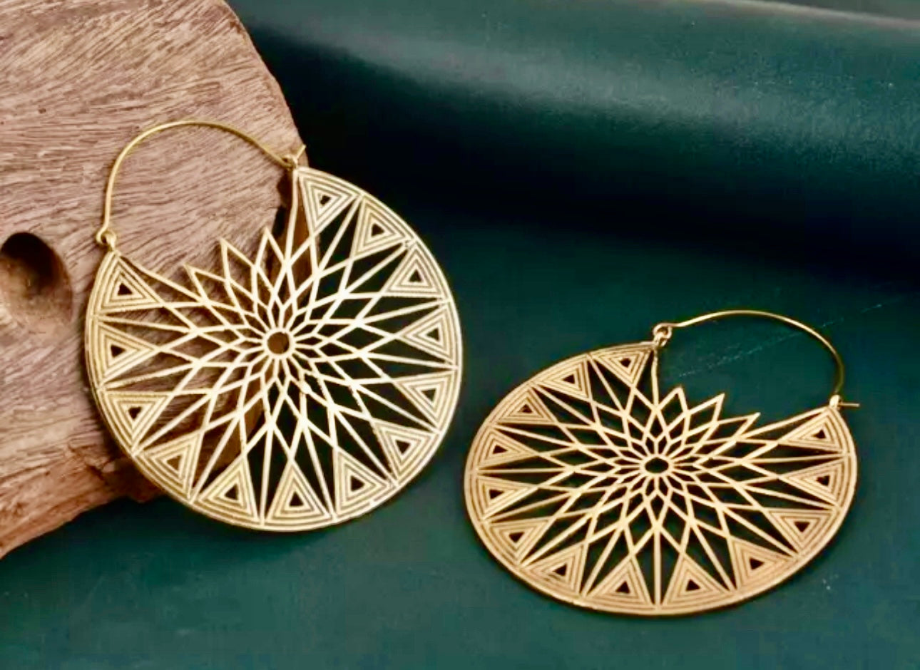 Boho Gold Brass Round Mandala Earrings Large Round - JazzyJewelbyAmina 