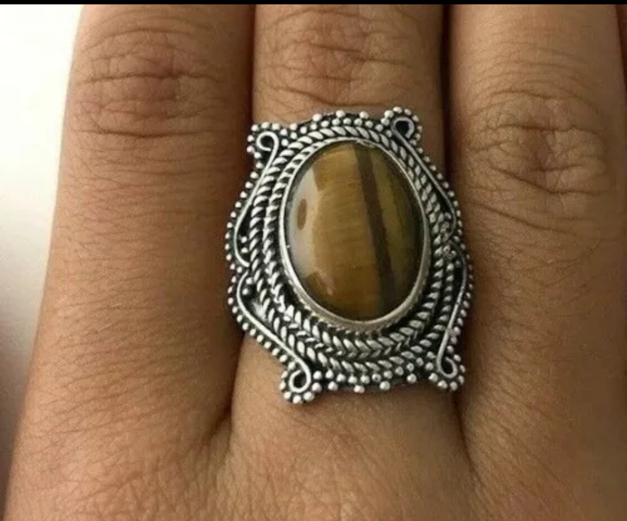 VINTAGE Tiger’s Eye Cabochon Ring Sterling Silver 925 Size 6 US