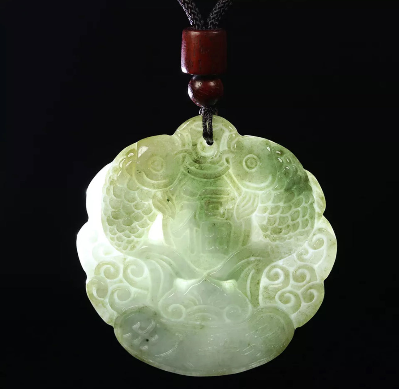 VINTAGE ICY Green Jade Double Fish Pendant Certified Feng Shui Healing Pendant