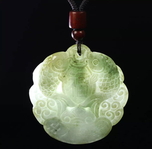VINTAGE ICY Green Jade Double Fish Pendant Certified Feng Shui Healing Pendant - JazzyJewelbyAmina 