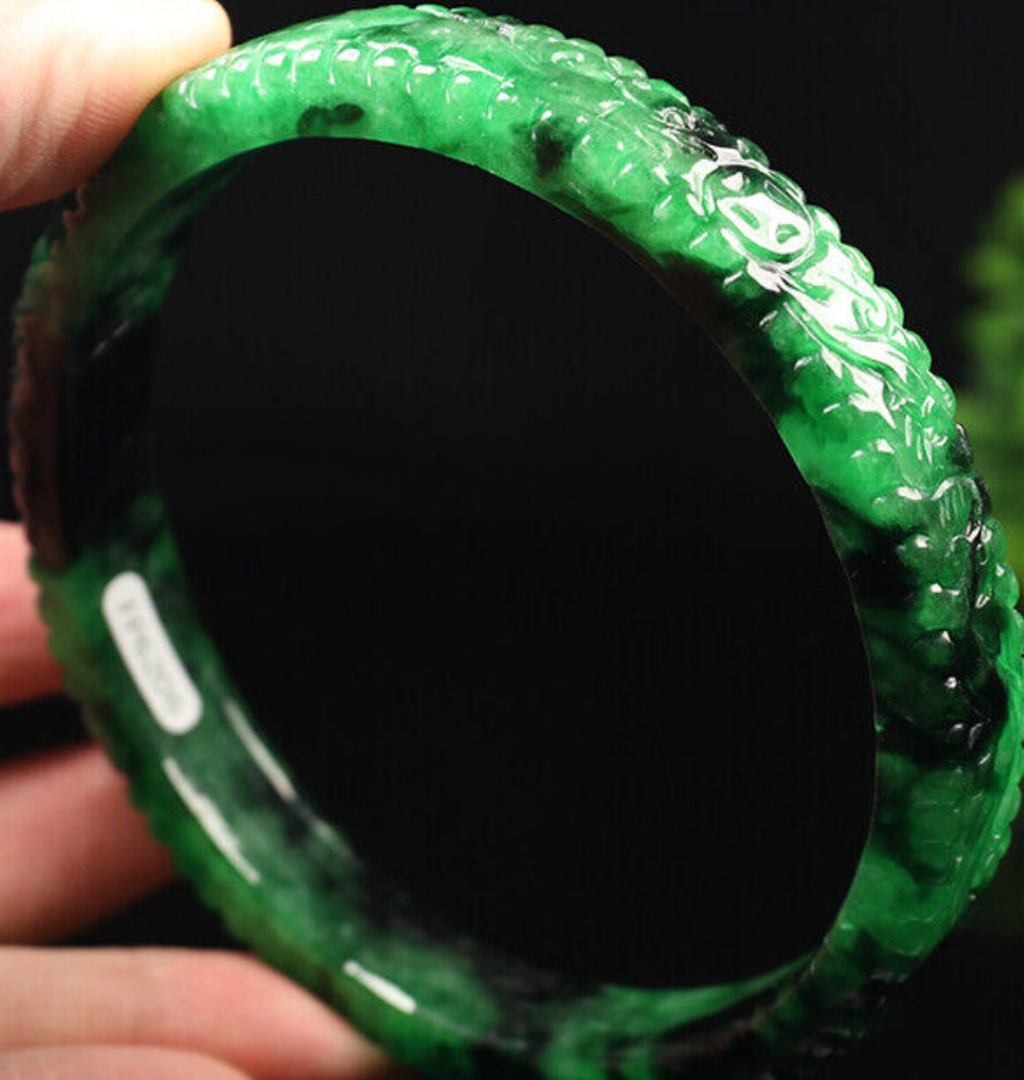 VINTAGE XXL Jadeite Green/Black Jade Bangle Size Hand-Carved Dragon Phoenix 82mm D465 Fine Jade Unique Piece! - JazzyJewelbyAmina 