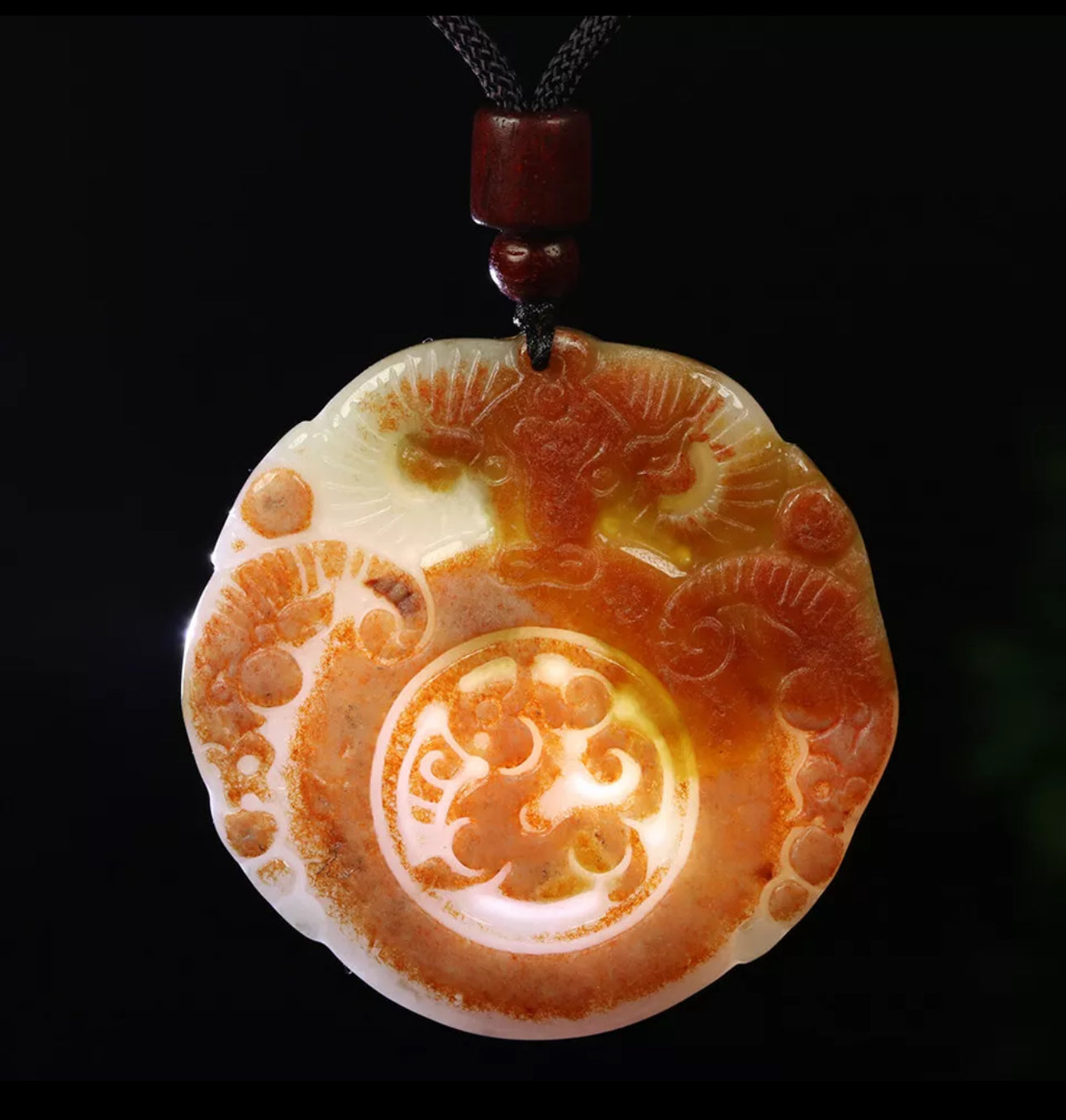 VINTAGE Red Brown Jadeite Green Jade Pendant Hand-carved Ox Dragon - Fine Unique Jade D883 - JazzyJewelbyAmina 
