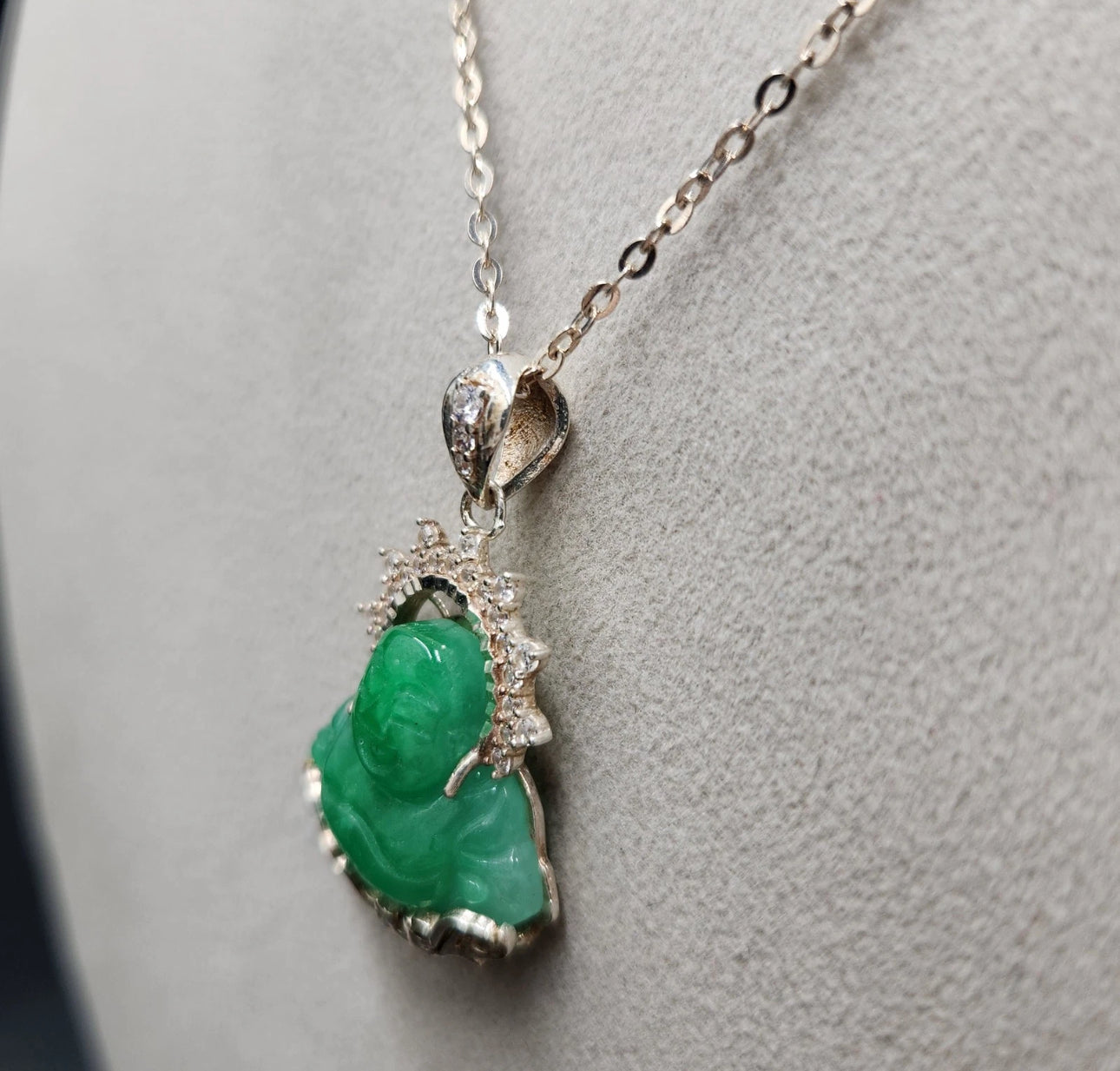 VINTAGE Jade Green Buddha w/ Crystals 925 Sterling Silver Bail (comes w/ cable chain) - JazzyJewelbyAmina 