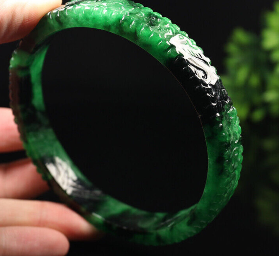 VINTAGE XXL Jadeite Green/Black Jade Bangle Size Hand-Carved Dragon Phoenix 82mm D465 Fine Jade Unique Piece! - JazzyJewelbyAmina 