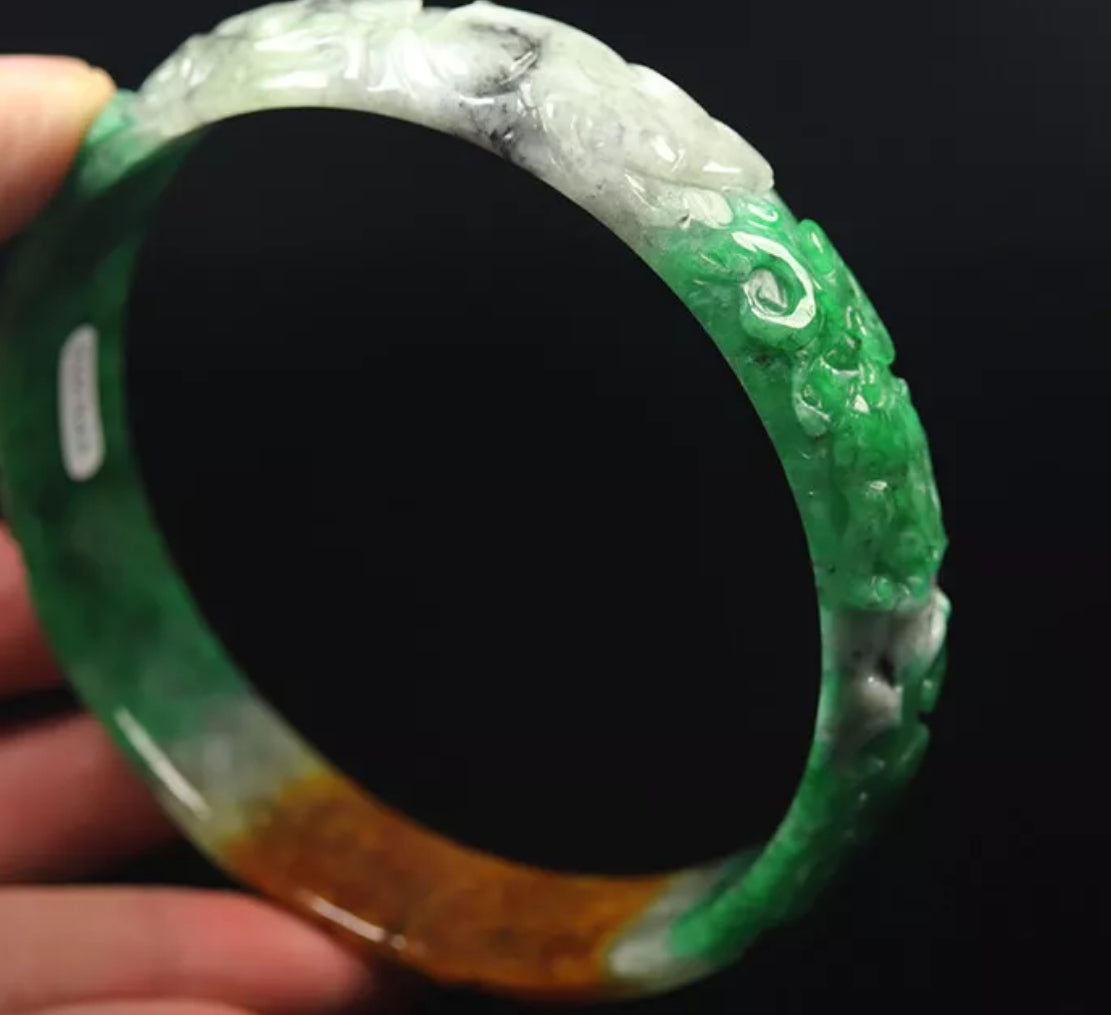 VINTAGE XXL Jadeite Green Brown Jade Handcarved Flower, Rabbit, Bird - Unique Jade Piece! Size 81mm S457 - JazzyJewelbyAmina 