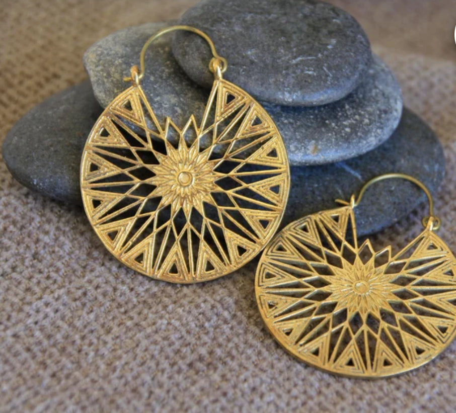 Boho Gold Brass Round Mandala Earrings Large Round - JazzyJewelbyAmina 