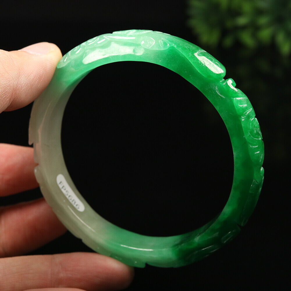 VINTAGE XL Jadeite Green/White Handcarved Bat Ruyi Lotus Jade Bangle - Ombré Jade Shades “As You Wish” Size 64mm F425
