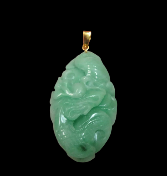 VINTAGE Jadeite Green Jade Pendant Handcarved Dragon 14k Yellow Gold (585 stamped) M319 - JazzyJewelbyAmina 