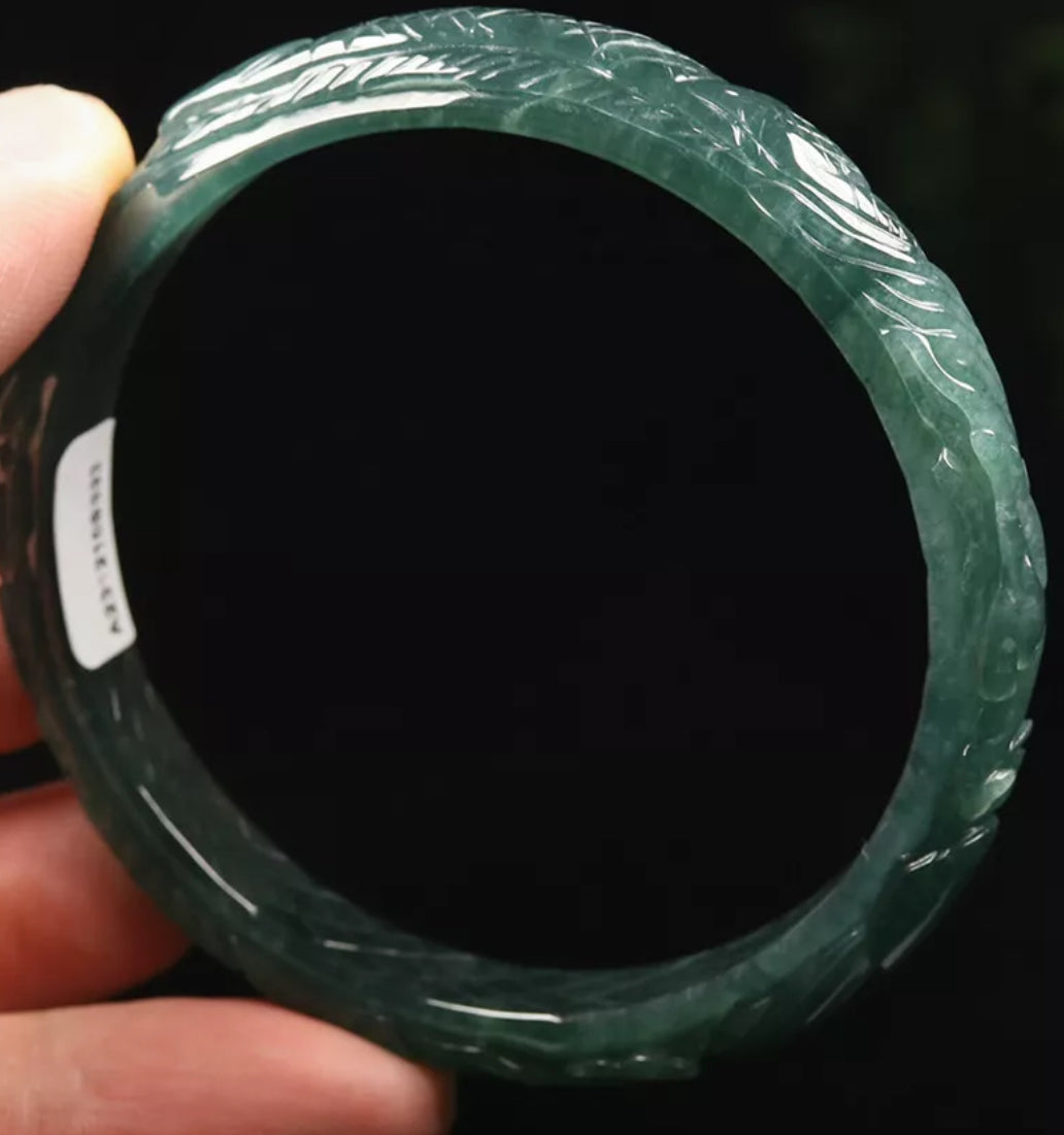 VINTAGE Large Certified Jadeite Green Jade Bangle Size 60mm HandCarved Dragone Phoenix Jade - Brings Harmony G819 - JazzyJewelbyAmina 