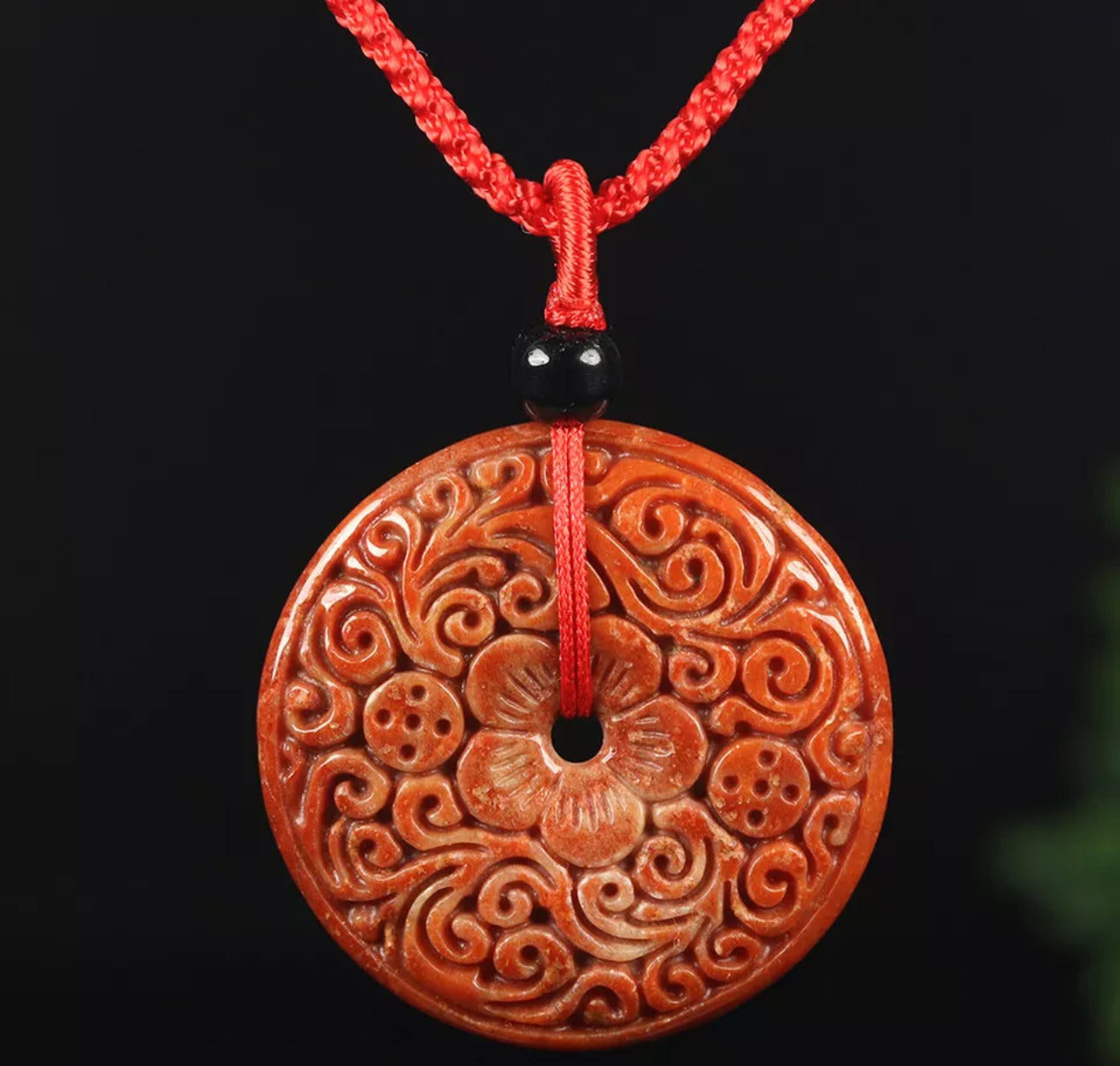 VINTAGE Jadeite Red/Brown Certified Jade Round Ruyi Flower Pendant w/ Adjustable Chord “As You Wish” J107 - JazzyJewelbyAmina 