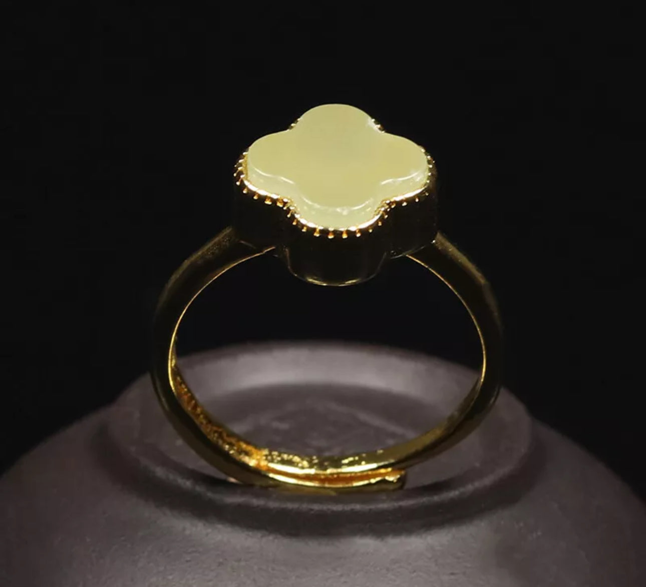 Certified Green Nephrite Jade Clover Ring Adjustable Good Plated Band - Prosperity Piece! - JazzyJewelbyAmina 