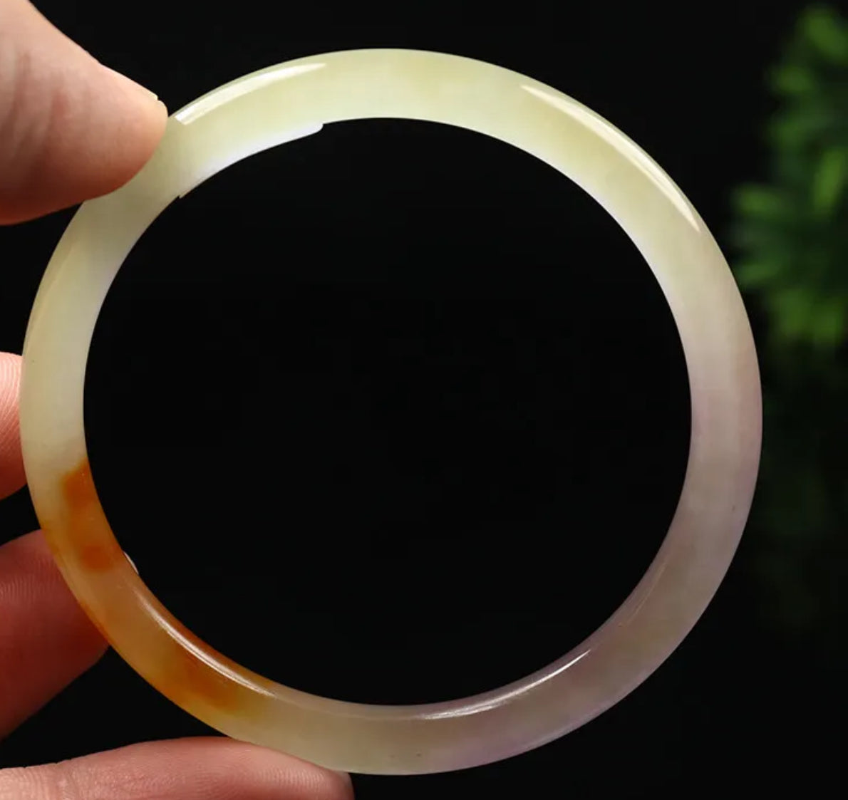 VINTAGE Small Jadeite Green/Rust/Lavender Round Princess Thin Cut Jade Bangle Size 56mm M999 - JazzyJewelbyAmina 